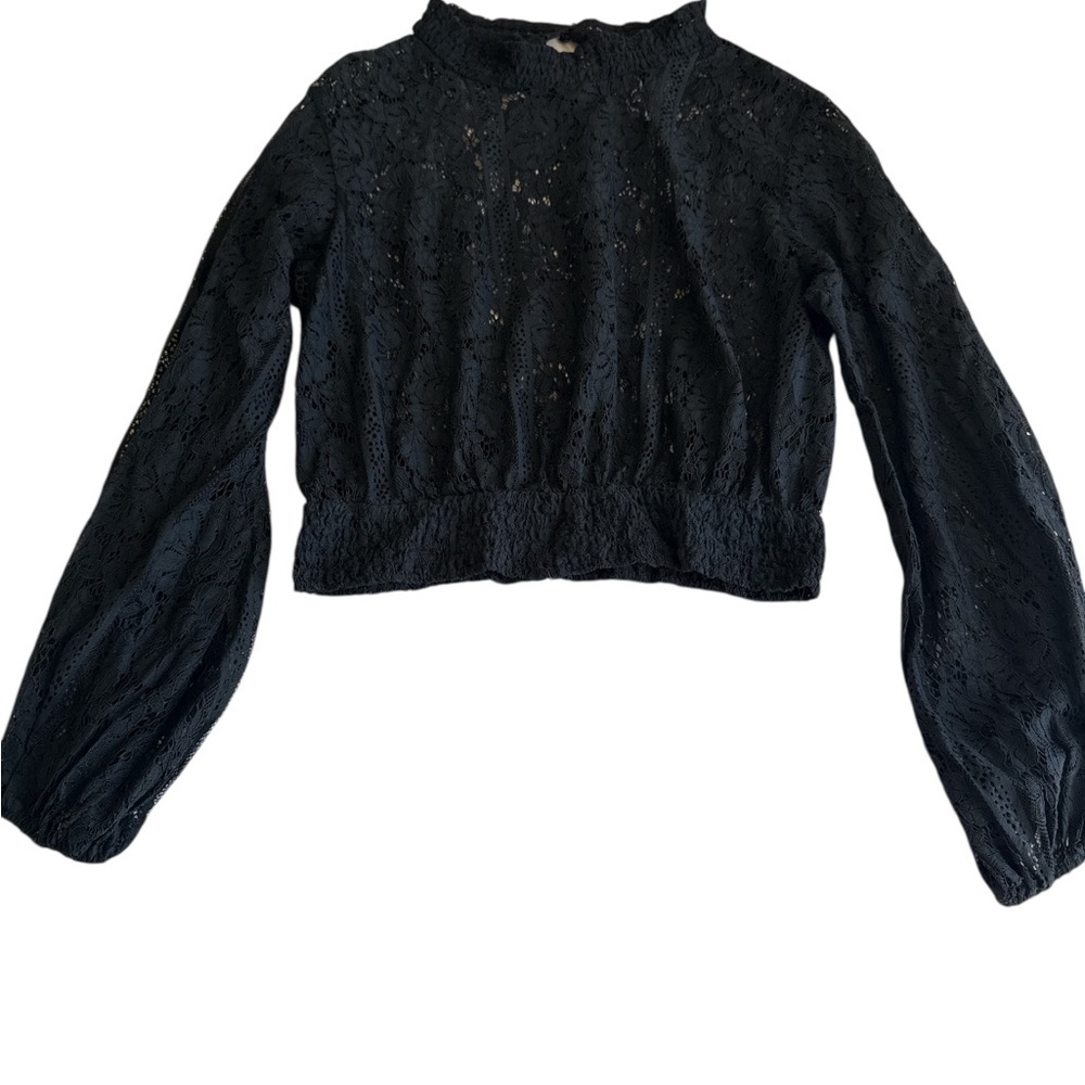 Lovesong Black Lace Long Sleeve Crop Blouse Sheer Romantic Dark Academia Gothic - Picture 2 of 6